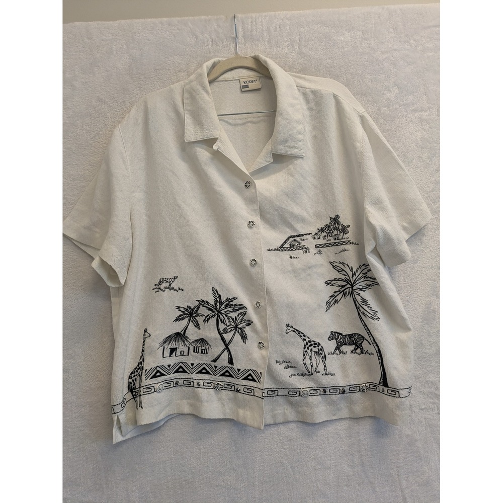 Koret Vintage Women's Embroidered Safari Linen‎ Blend Blouse Top Size XL